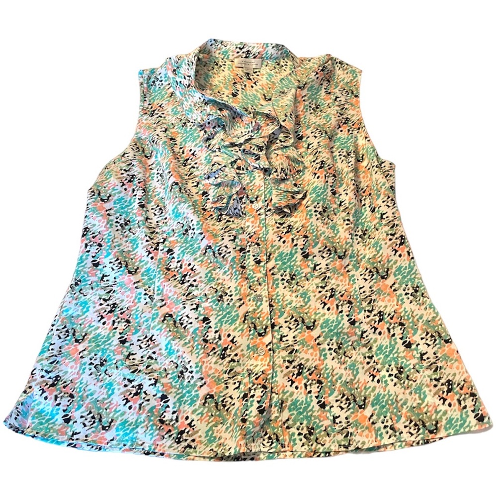 Tahari Women's Colorful Print Ruffle Button Down Sleeveless Size Lrg Blouse Top